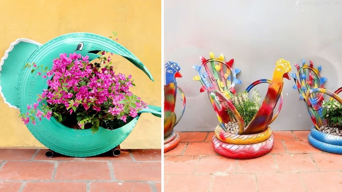 Recycle Old Tires into Dolphin-Shaped Flower Pots for Your Front Yard