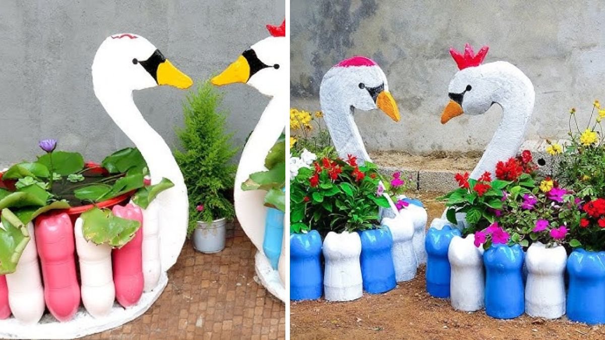 Casting SWAN-shaped Potted Plant from Concrete Using Plastic Bottles