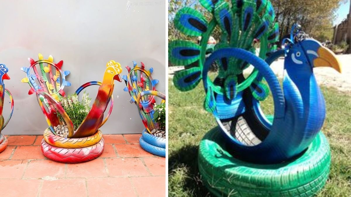 Recycling Old Tires into Peacock Flower Pots and Garden Art