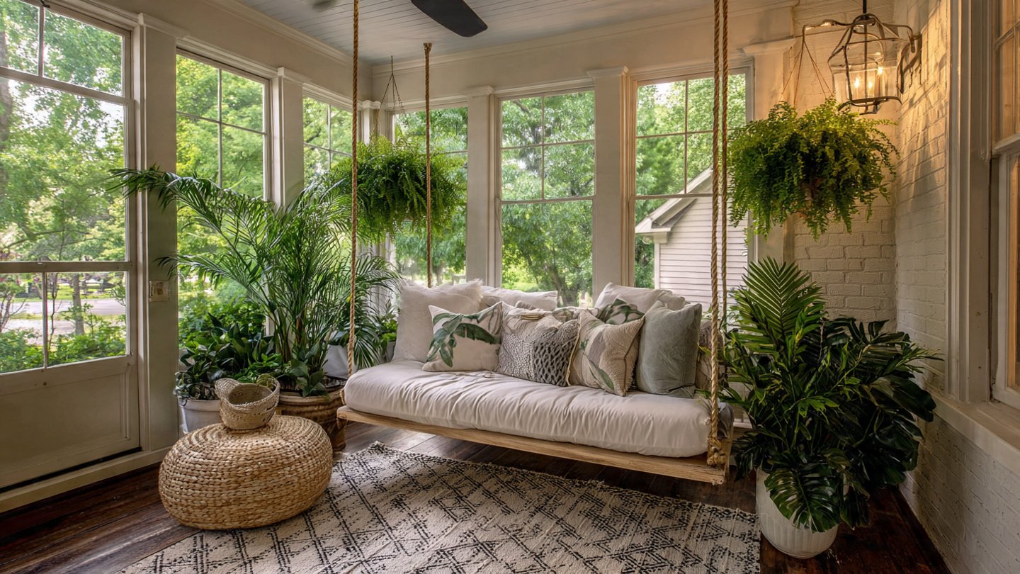 How Can a Simple Decor Trick Transform a Low Porch Ceiling into an Airy Oasis?