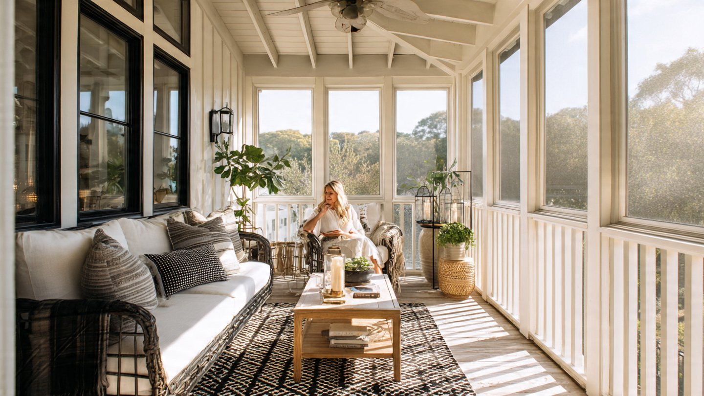 What Simple Decor Trick Transforms a Low Porch Ceiling into an Airy Space?